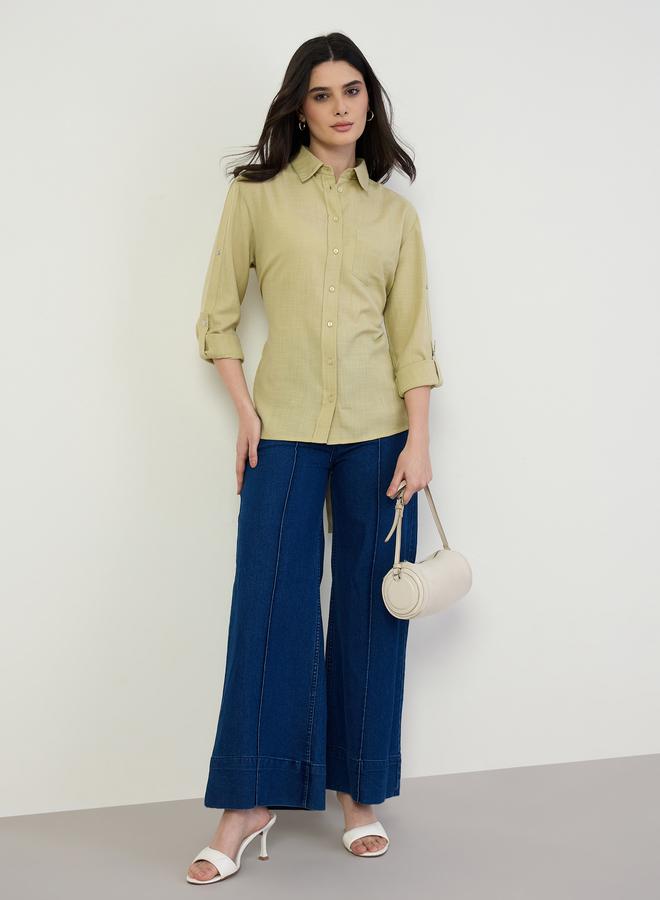 ستايلي بلوزة كتان بأزرار غلق وأكمام طويلة رول أب - Image 2